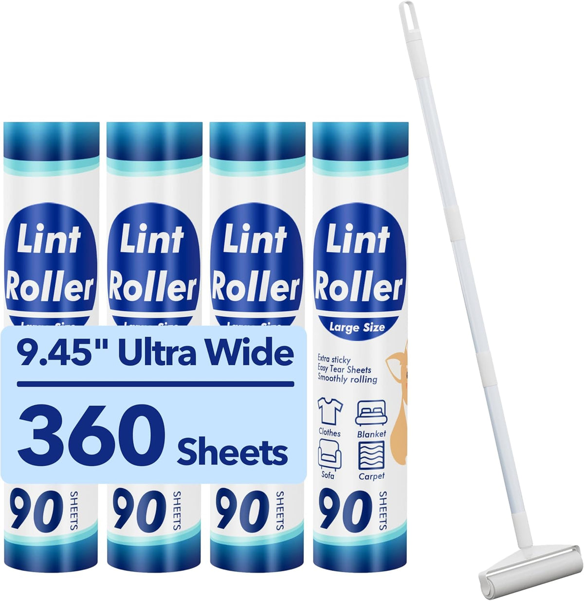 Large Lint Roller for Furniture, 9.45'' Rollers for Floor, 360 Sheets