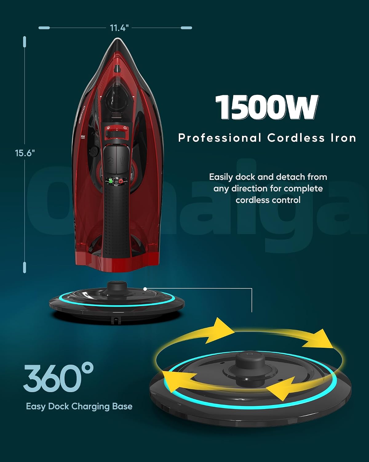 OMAIGA Cordless Steam Iron for Clothes, 1500W, Ceramic Soleplate, Red