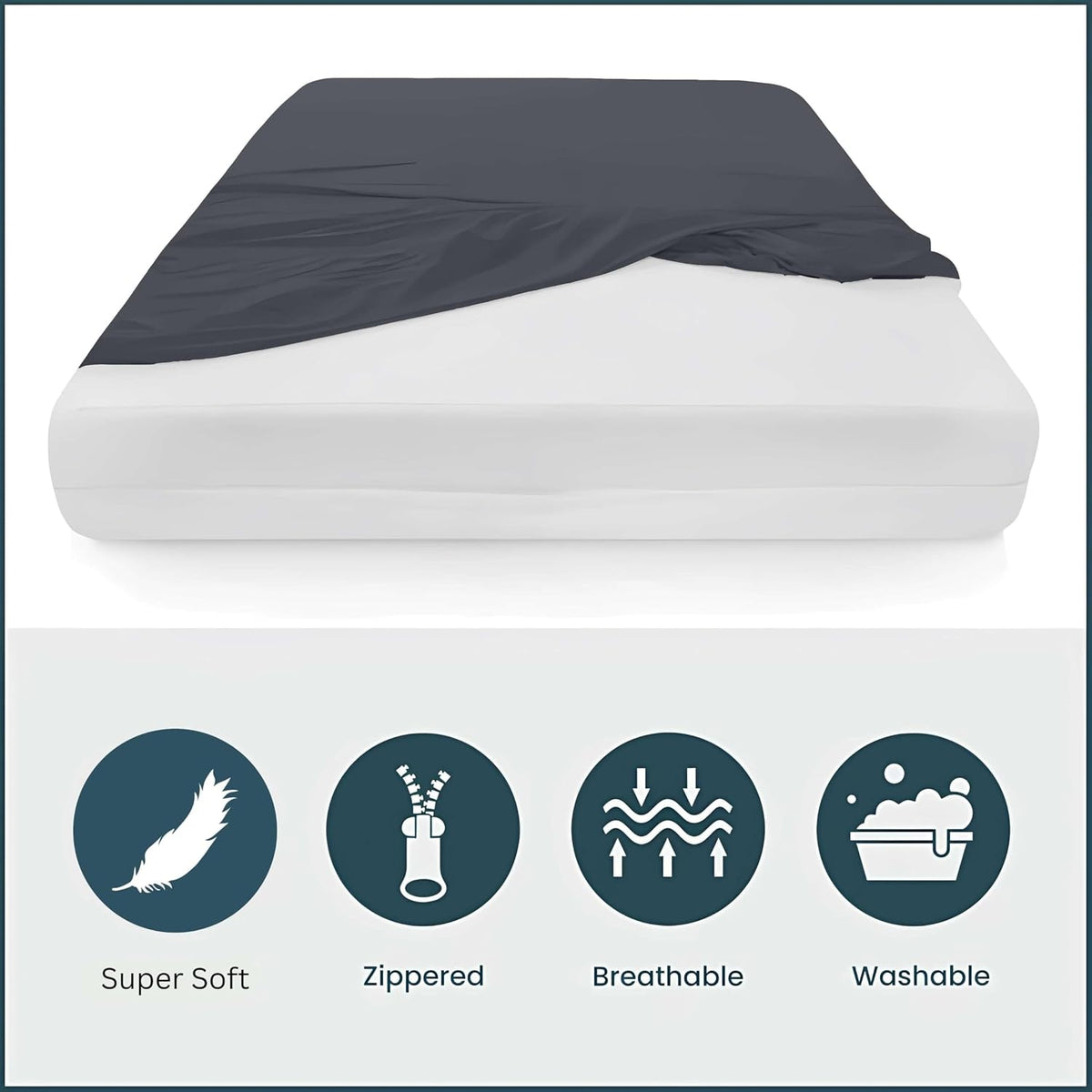 Zipper Fitted Sheet Queen 12" Deep Pocket Microfiber, Dark Grey