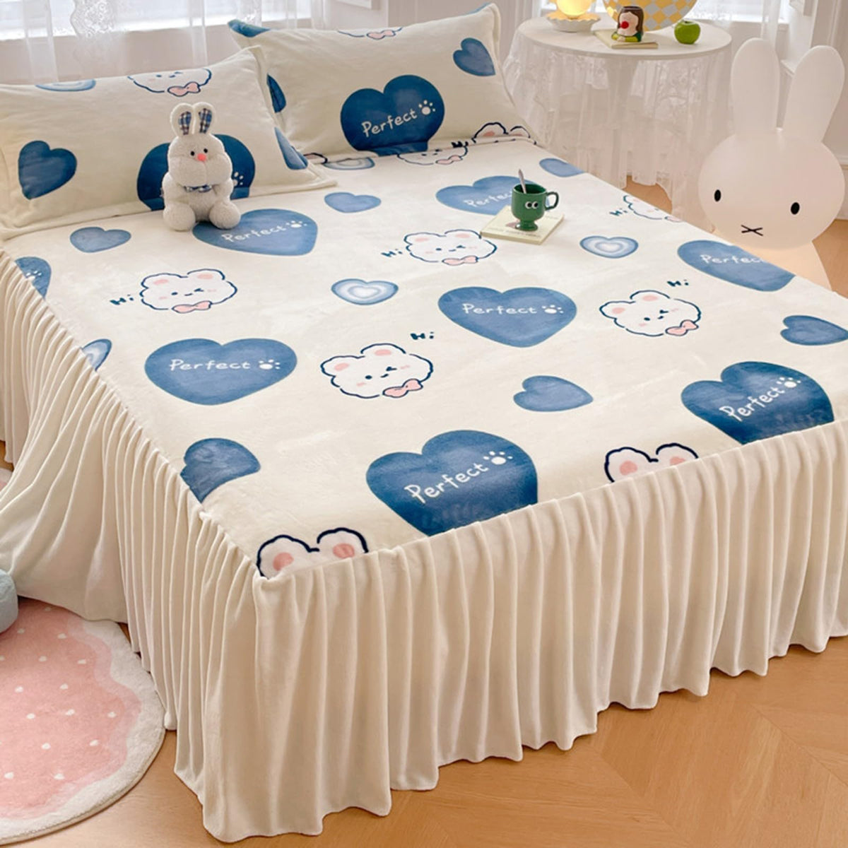 ZYFAB Winter Flannel Bed Skirt,Warm Thick Bed Cover Milk Velvet Bedspread Soft Cozy Bed Sheet Dust Ruffle Non-Slip Mattress Cover,C,150x200cmVersion A