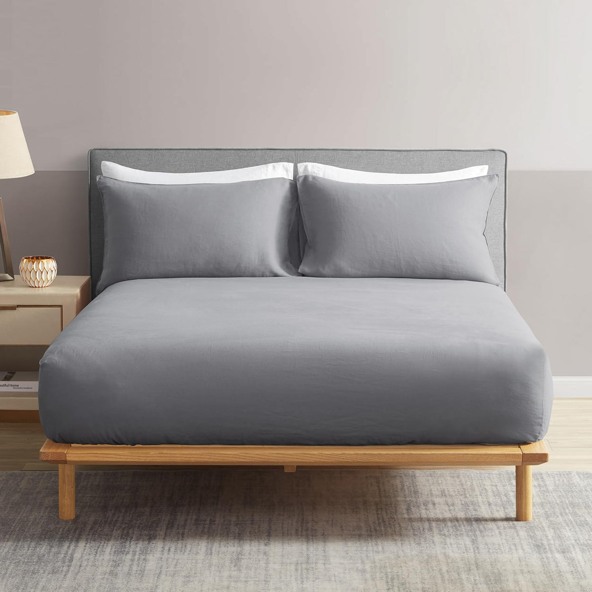 DAPU 100% French Linen Fitted Sheet Mattress Cover (1 Piece) with 16 Inch Deep Pocket, Pure Natural French Flax from Normandy, Ultra Soft, Breathable and Durable (Fog Gray, Queen).
