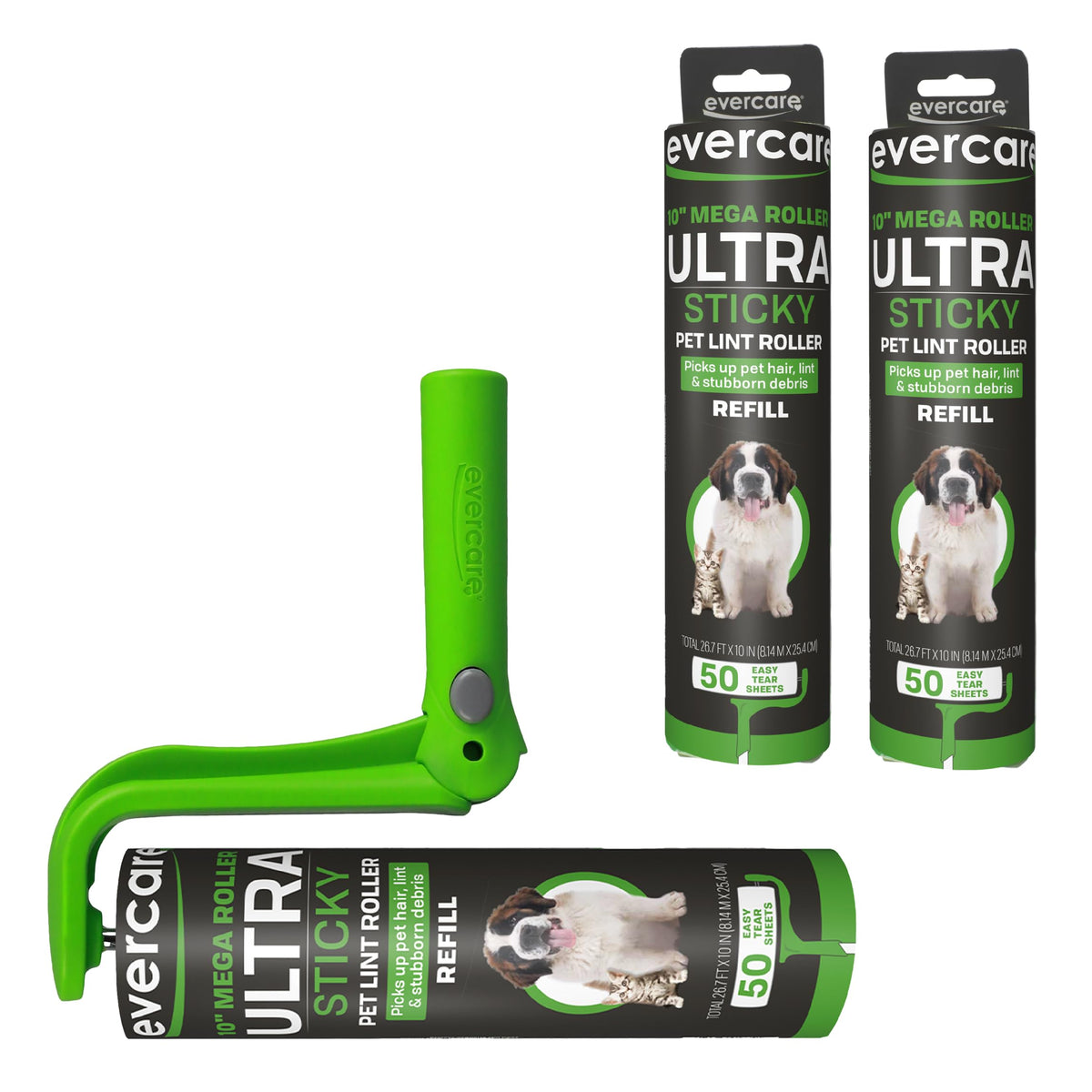 Evercare 10-Inch Mega All-Purpose Pet Hair Lint Roller Refill, 50 Sheets – Sticky Roller for Pet Hair, Cat & Dog Hair Remover, Lint Remover, Pet Hair Remover for Furniture, Clothing & Cars
