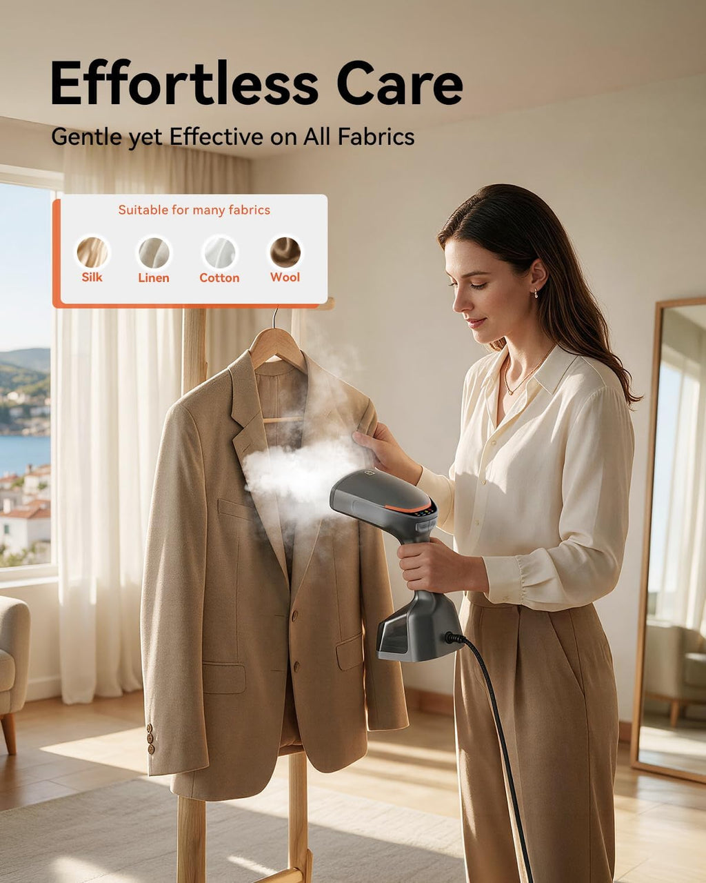 Handheld Steamer for Clothes, 1800W Portable Garment Steamer with 30s Fast Heat, 4 Fabric Modes for Silk/Wool/Cotton/Linen, 255ml Detachable Tank, Wrinkle Remover Iron Press with Lint Brush