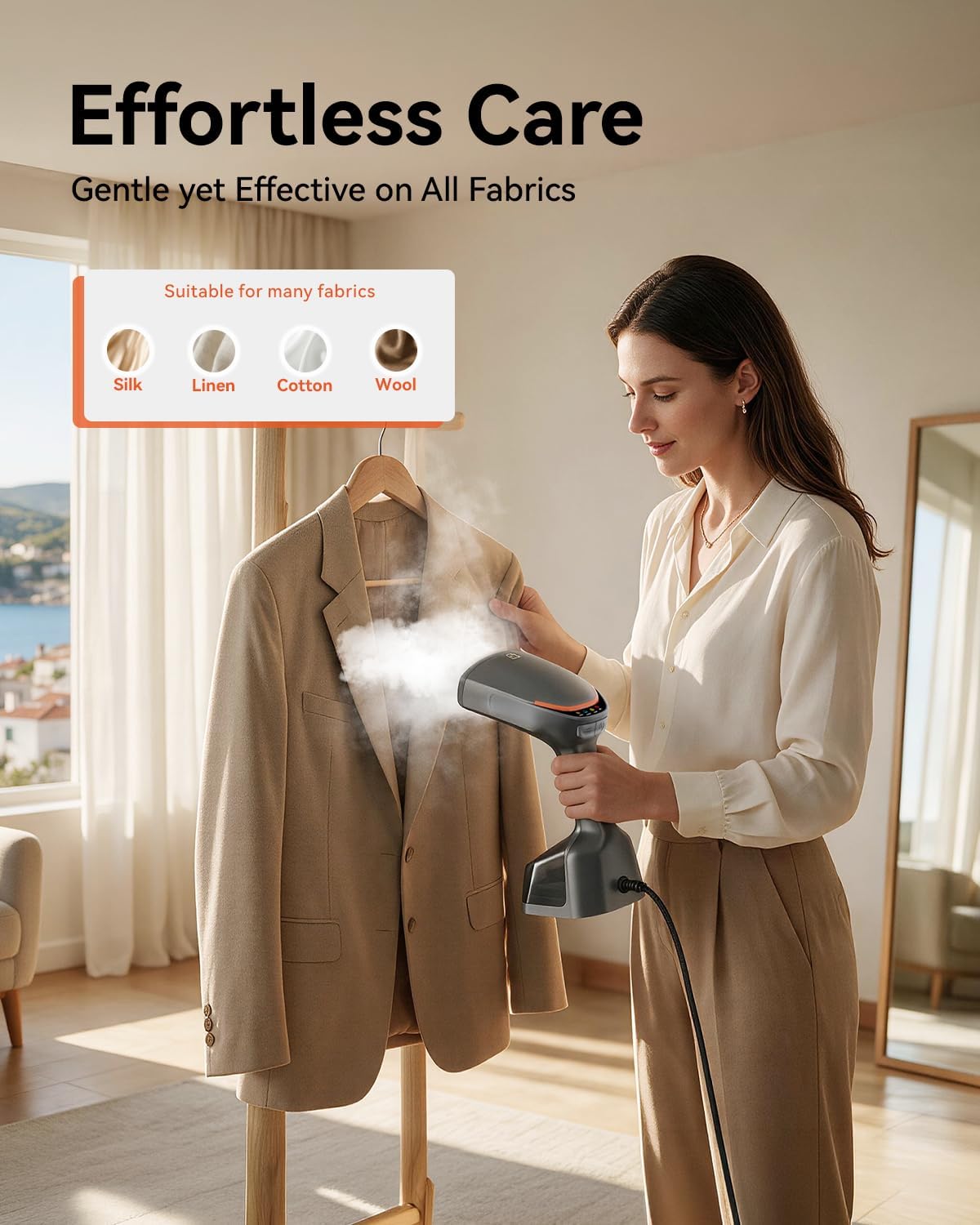 Handheld Steamer for Clothes, 1800W Portable Garment Steamer with 30s Fast Heat, 4 Fabric Modes for Silk/Wool/Cotton/Linen, 255ml Detachable Tank, Wrinkle Remover Iron Press with Lint Brush
