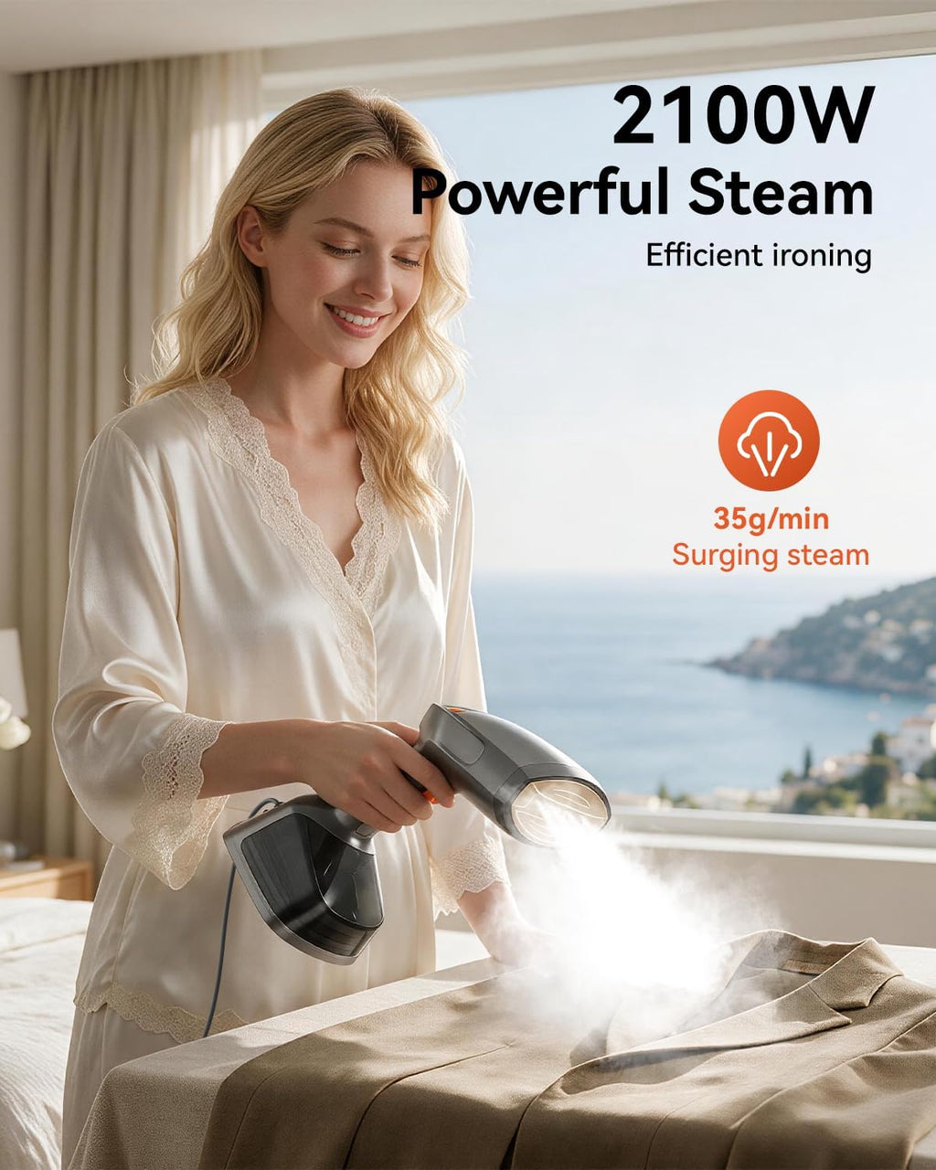 Handheld Steamer for Clothes, 1800W Portable Garment Steamer with 30s Fast Heat, 4 Fabric Modes for Silk/Wool/Cotton/Linen, 255ml Detachable Tank, Wrinkle Remover Iron Press with Lint Brush