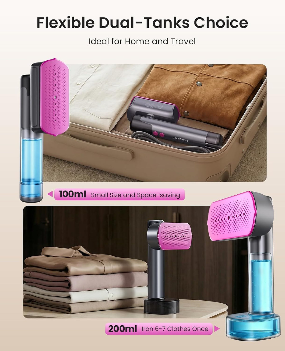 Jack & Rose Travel Steamer for Clothes 1200W,200ml/100ml Dual Water Tanks, 2-in-1 Steamer & Iron, 30s Fast Heat, Ceramic Soleplate, Travel & Home Use