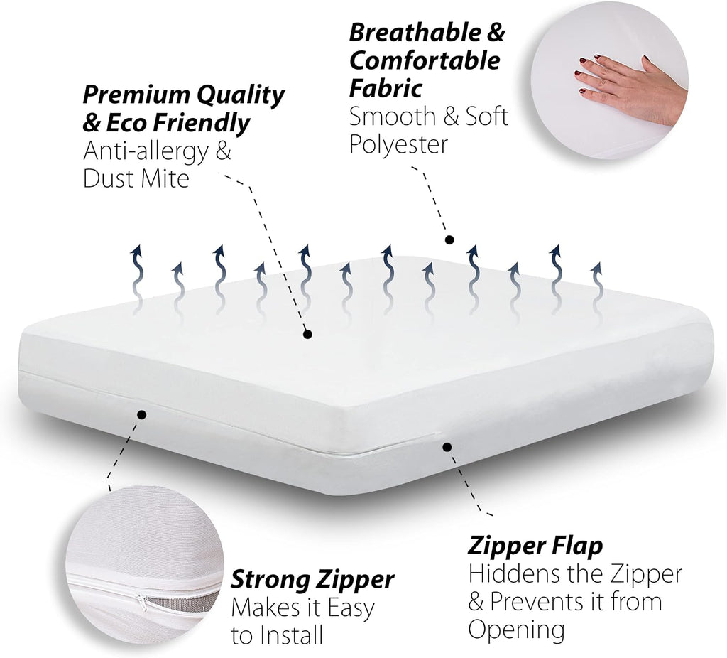 Waterproof Mattress Protector Queen Size - 6-Sided Zippered Mattress Encasement, Breathable Fabric Cover, Machine Washable, Fits Queen Mattress 60 x 80 Inches, Up to 16" Deep