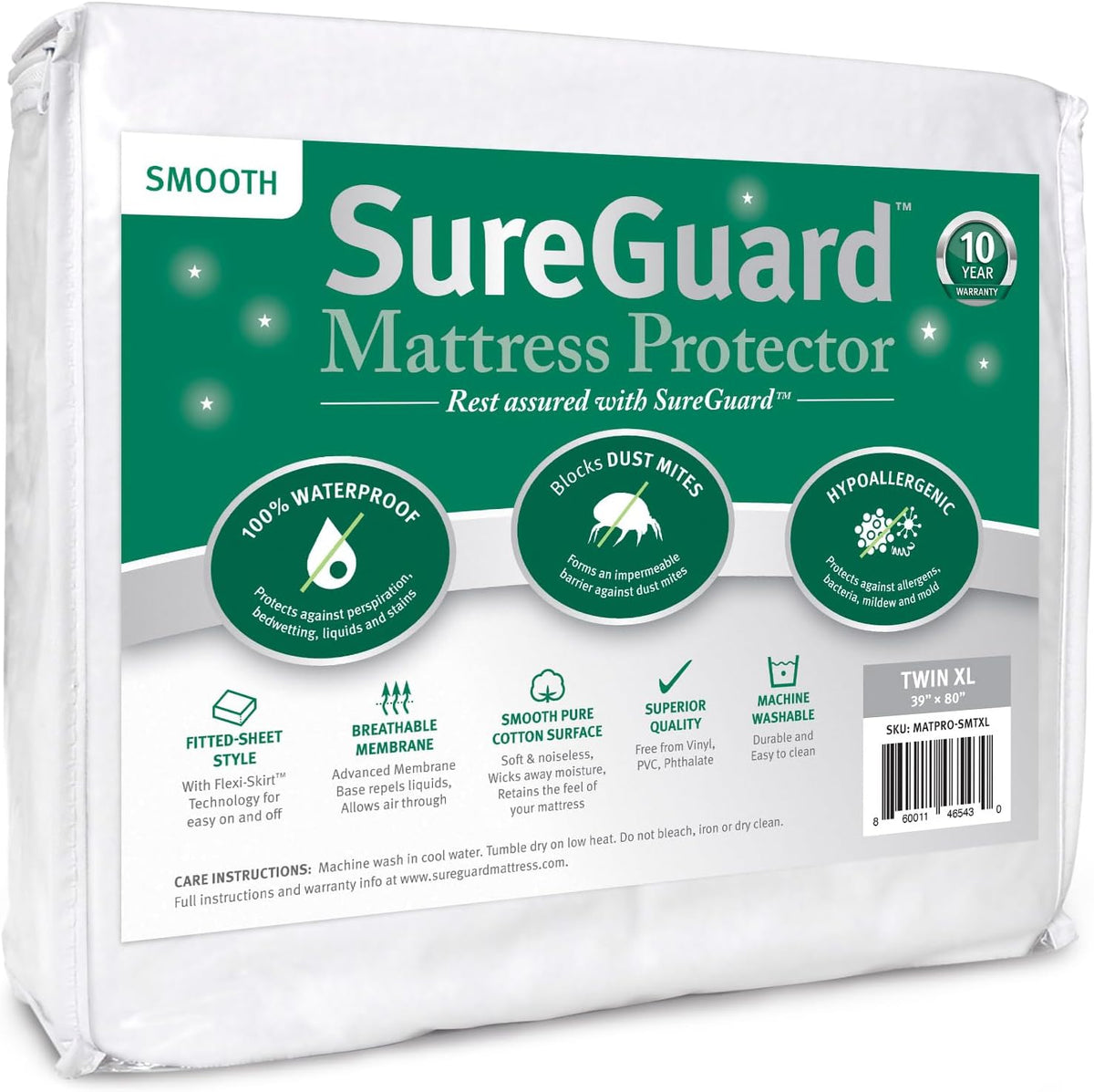 SureGuard Smooth Waterproof Mattress Protector, Twin XL Mattress Cover