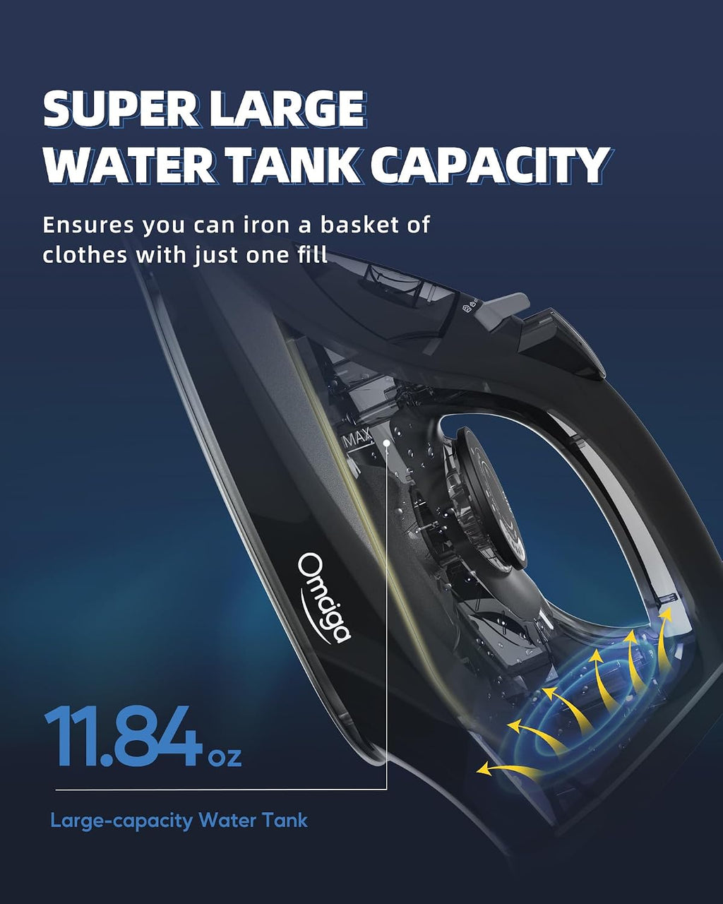 OMAIGA Steam Iron for Clothes, 1500W Iron with Rapid Heating, Non-Stick Ceramic Soleplate, Burst of Steam, Self-Cleaning, Auto-Off, Anti-Drip, 11.84oz Water Tank Ironing Clothes for Home, Black