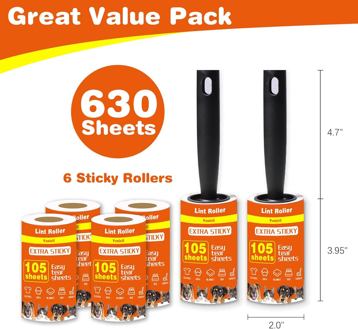 Yvnicll 630 Sheets Extra Sticky Lint Rollers for Pet Hair