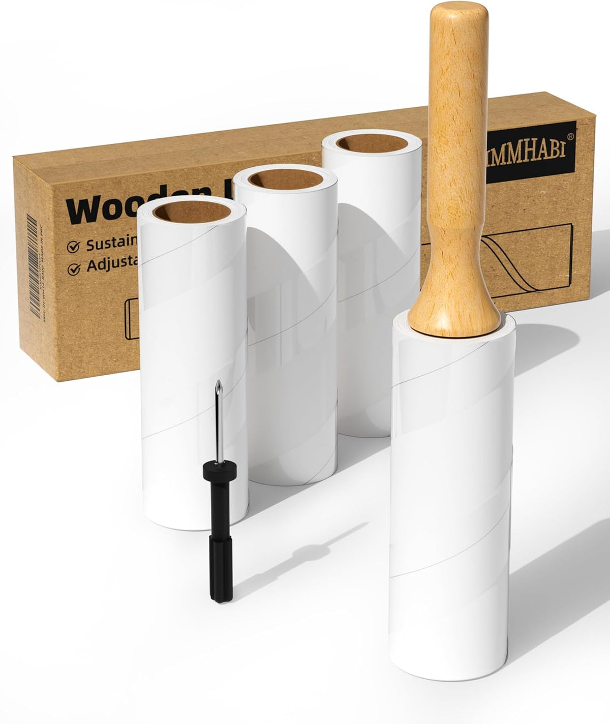 Diagonal Tear Lint Roller with Wooden Handle- 6.3 Inch Refills, 4 Rolls x 100 Sheets with Adjustable Tool | Pet Hair Remover for Furniture, Clothing | Ergonomic Grip, Durable Design