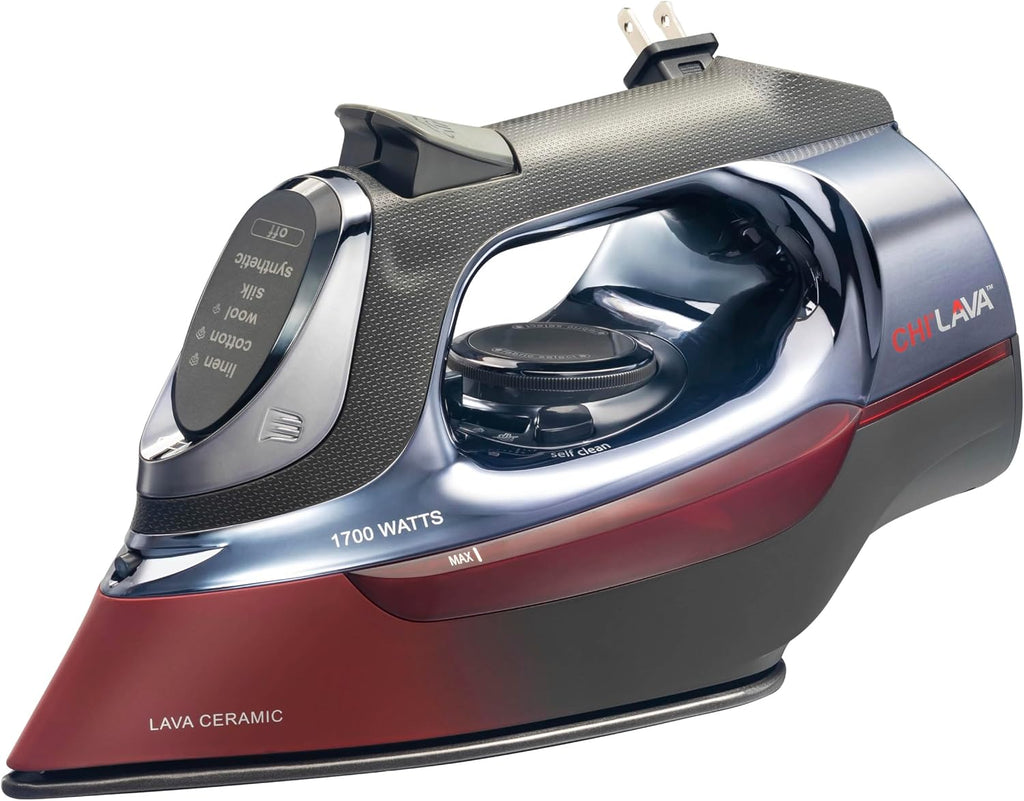 CHI Steam Iron for Clothes with 8' Retractable Cord, 1700 Watts, 3-Way Auto Shutoff, 400+ Holes, Professional Grade, Temperature Control Dial, Lava Infused Ceramic Soleplate, Black and Red (13113N)