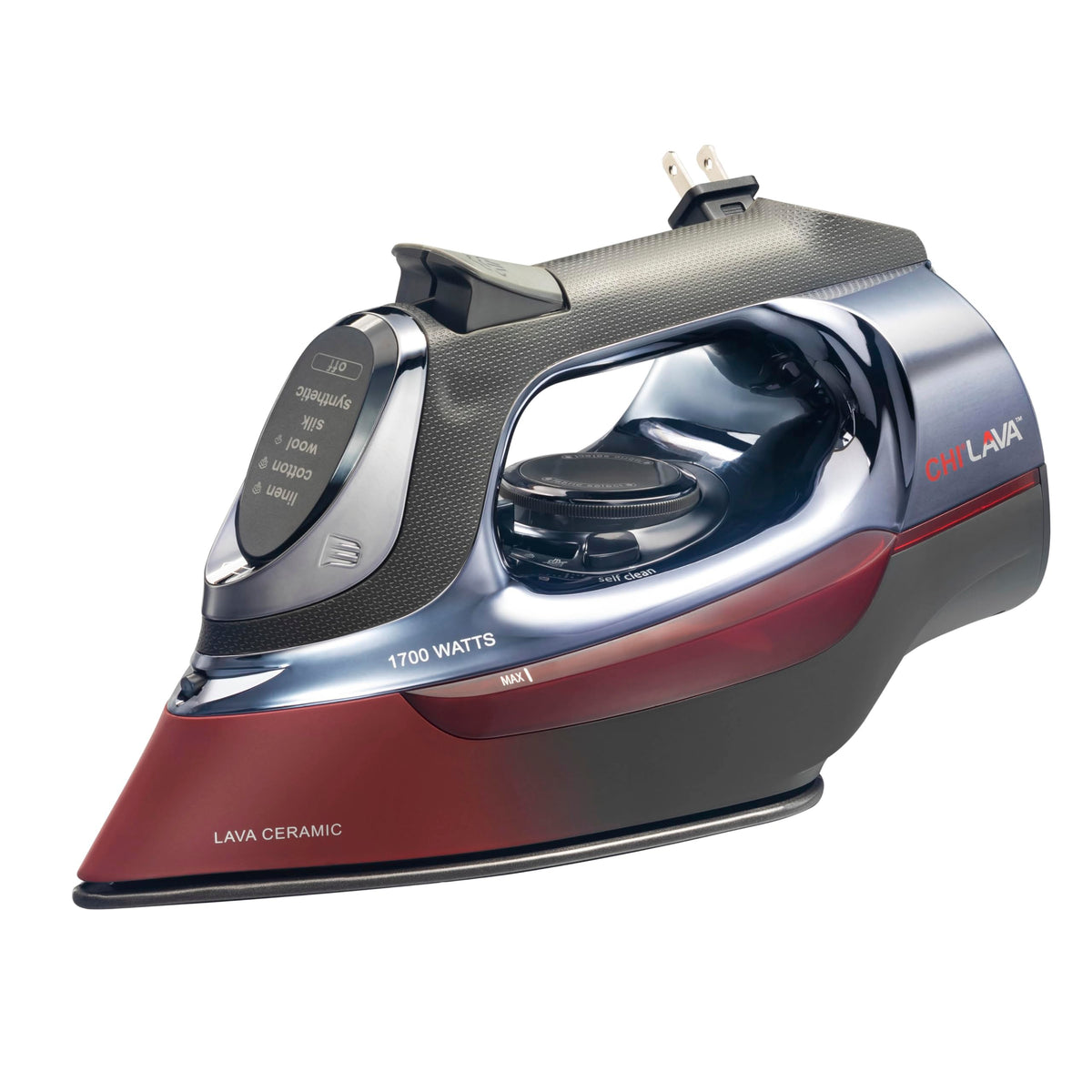 CHI Steam Iron for Clothes with 8' Retractable Cord, 1700 Watts, 3-Way Auto Shutoff, 400+ Holes, Professional Grade, Temperature Control Dial, Lava Infused Ceramic Soleplate, Black and Red (13113N)