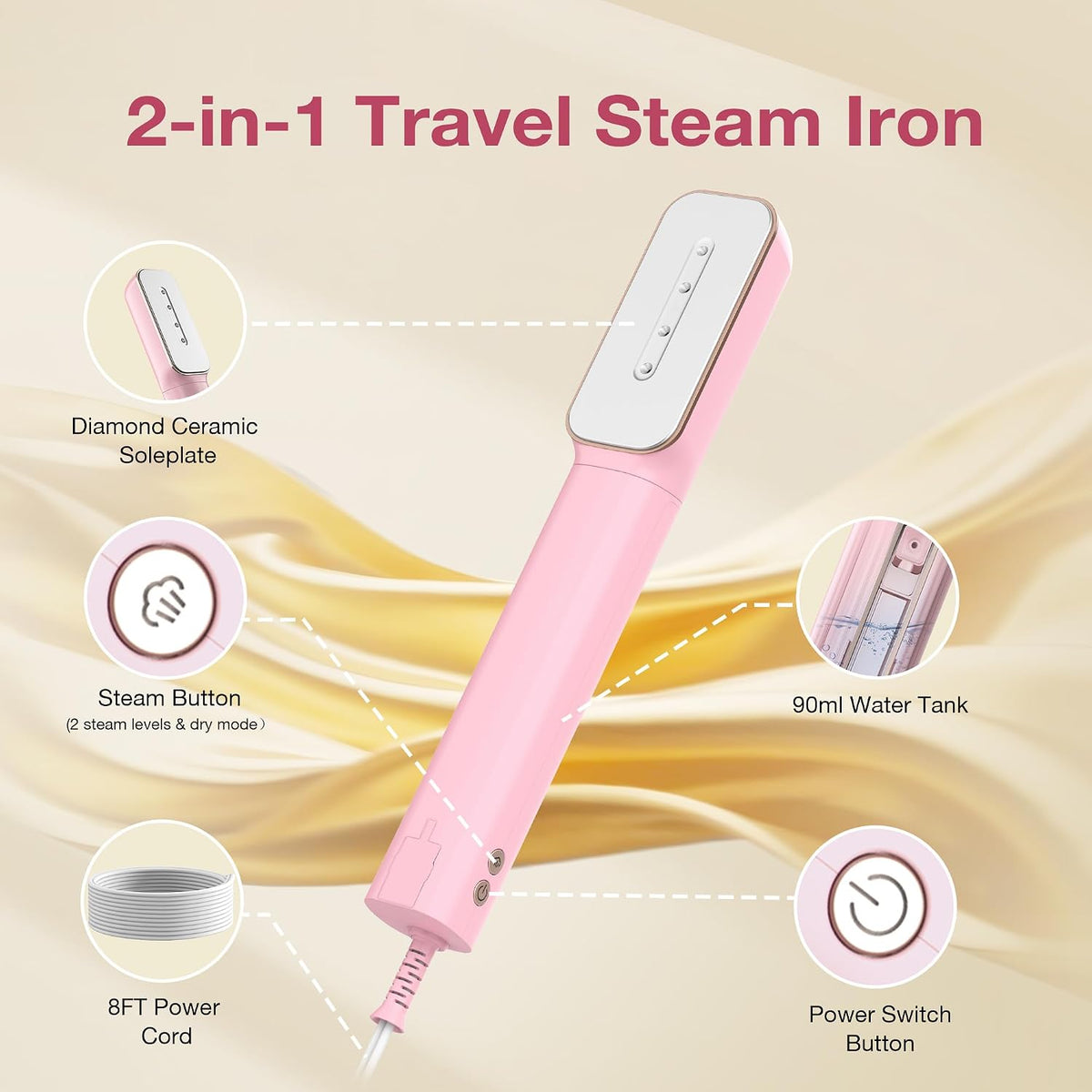 Newbealer 100-240V Clothes Steamer, 2in1 Travel Iron, 2 Steam Levels, 90ml