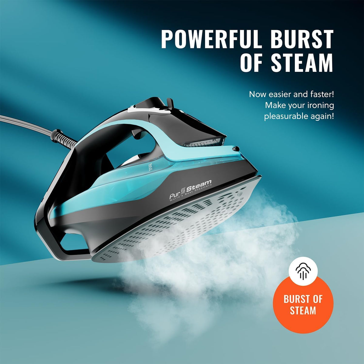 PurSteam SteamTech Steam Iron with LED Display, Ceramic Soleplate, 1750W