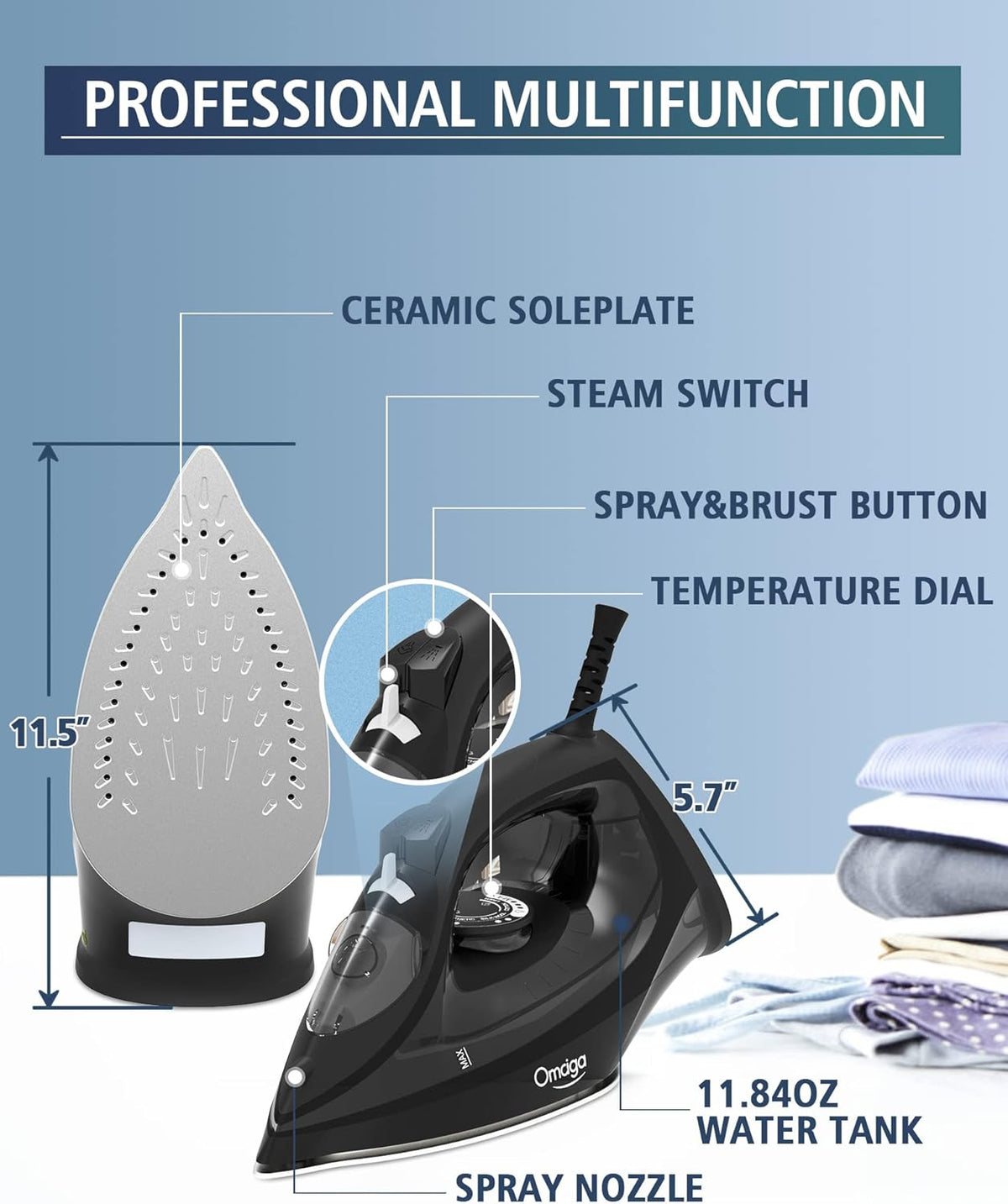 OMAIGA Steam Iron for Clothes, 1500W Iron with Rapid Heating, Non-Stick Ceramic Soleplate, Burst of Steam, Self-Cleaning, Auto-Off, Anti-Drip, 11.84oz Water Tank Ironing Clothes for Home, Black