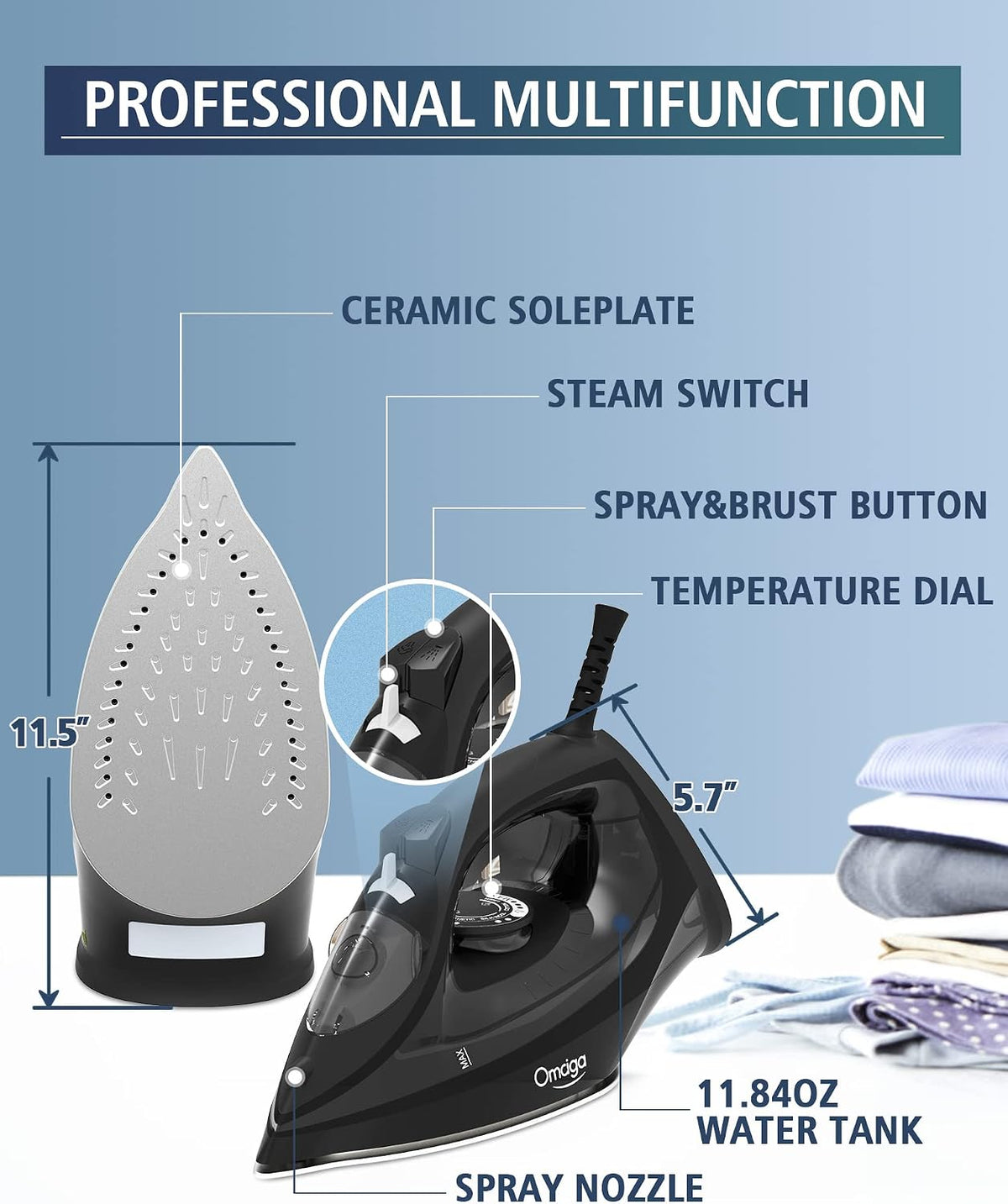 OMAIGA Steam Iron for Clothes, 1500W Iron with Rapid Heating, Non-Stick Ceramic Soleplate, Burst of Steam, Self-Cleaning, Auto-Off, Anti-Drip, 11.84oz Water Tank Ironing Clothes for Home, Black