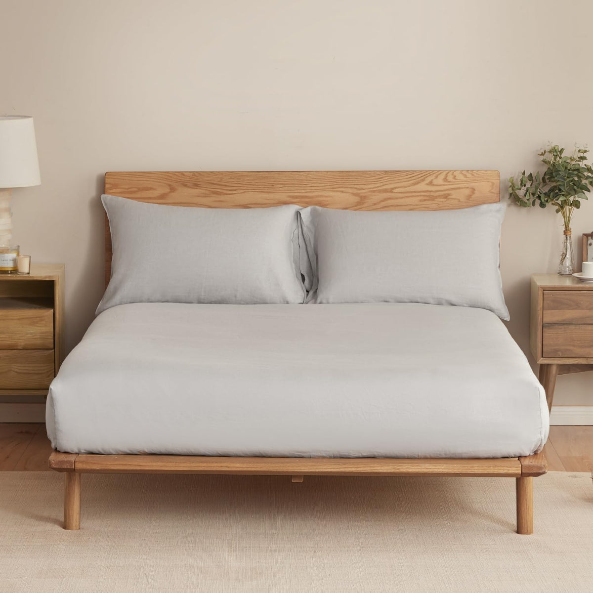 DAPU 100% French Linen Fitted Sheet Mattress Cover (1 Piece) with 16 Inch Deep Pocket, Pure Natural French Flax from Normandy, Ultra Soft, Breathable and Durable (Fog Gray, Queen).