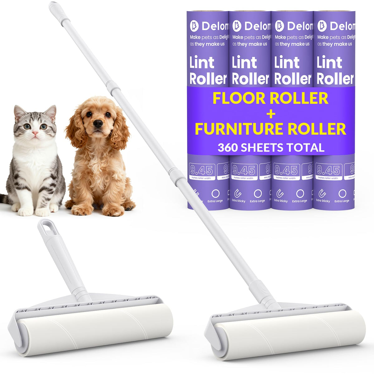 DELOMO Lint Roller for Pet Hair Extra Sticky, Mega Value Set of 1000 Sheets