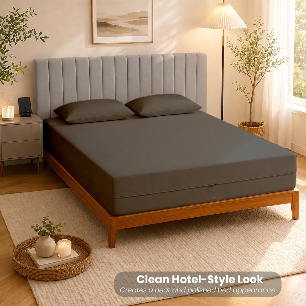 Queen Size Microfiber 1 PC Zipper Fitted Sheet 4 Inch Deep , Dark Grey
