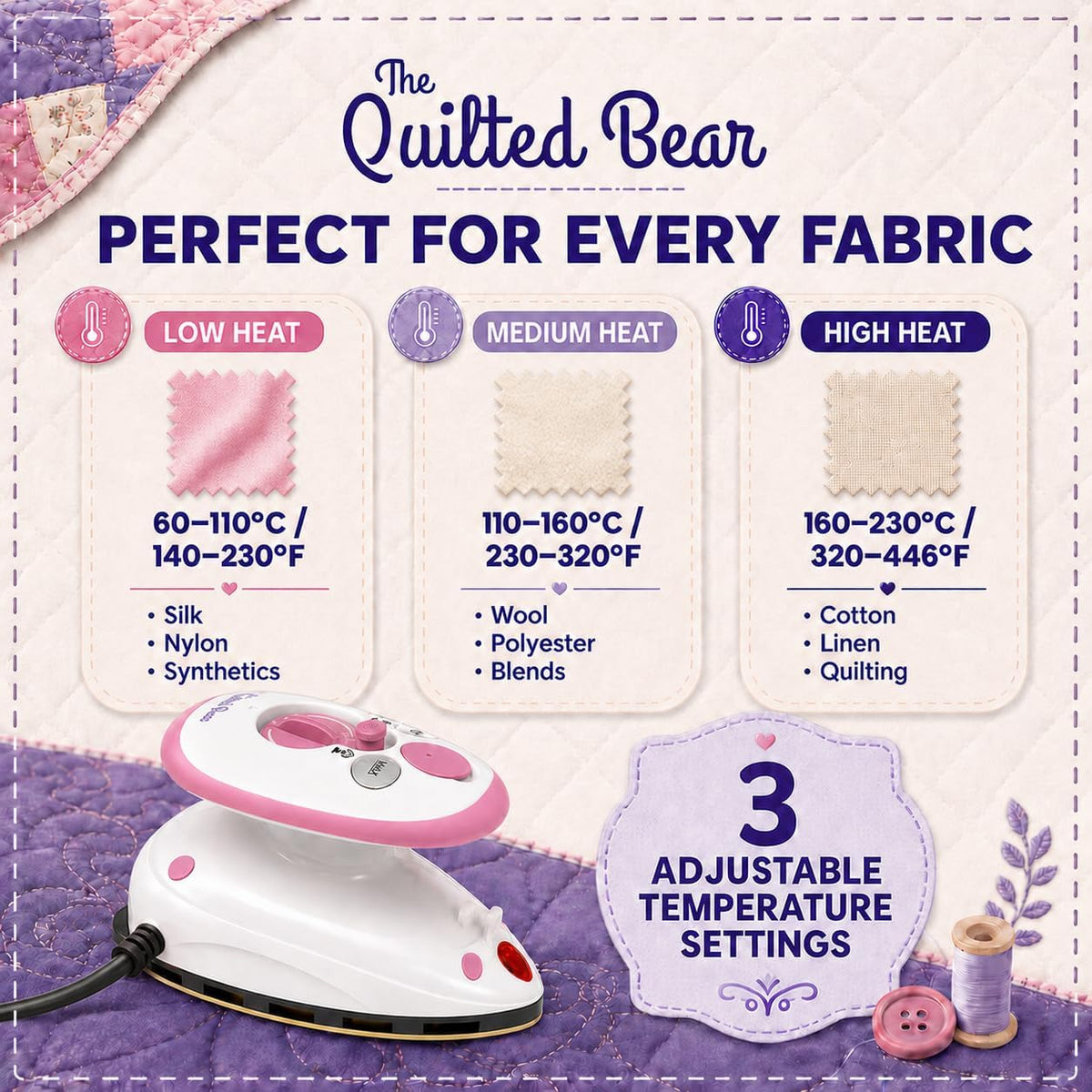 The Quilted Bear Premium Mini Steam Iron for Quilting and Travel, Pink