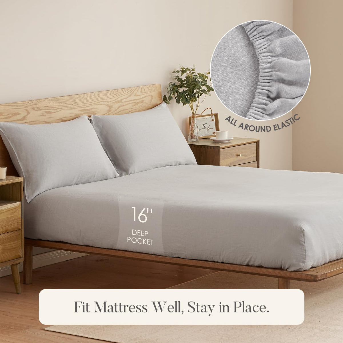 DAPU 100% French Linen Fitted Sheet Mattress Cover (1 Piece) with 16 Inch Deep Pocket, Pure Natural French Flax from Normandy, Ultra Soft, Breathable and Durable (Fog Gray, Queen).