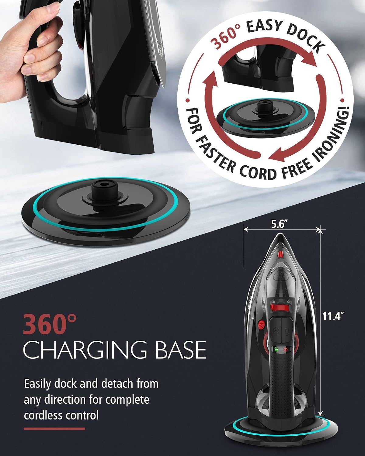 OMAIGA Cordless Iron for Clothes, 1500W Steam Iron Rapid Heating, Ceramic Soleplate, Auto Shut Off, Self-Clean, Anti-Calc, 3 Temperature Settings, 11.84oz Water Tank Ironing Clothes for Home, Black