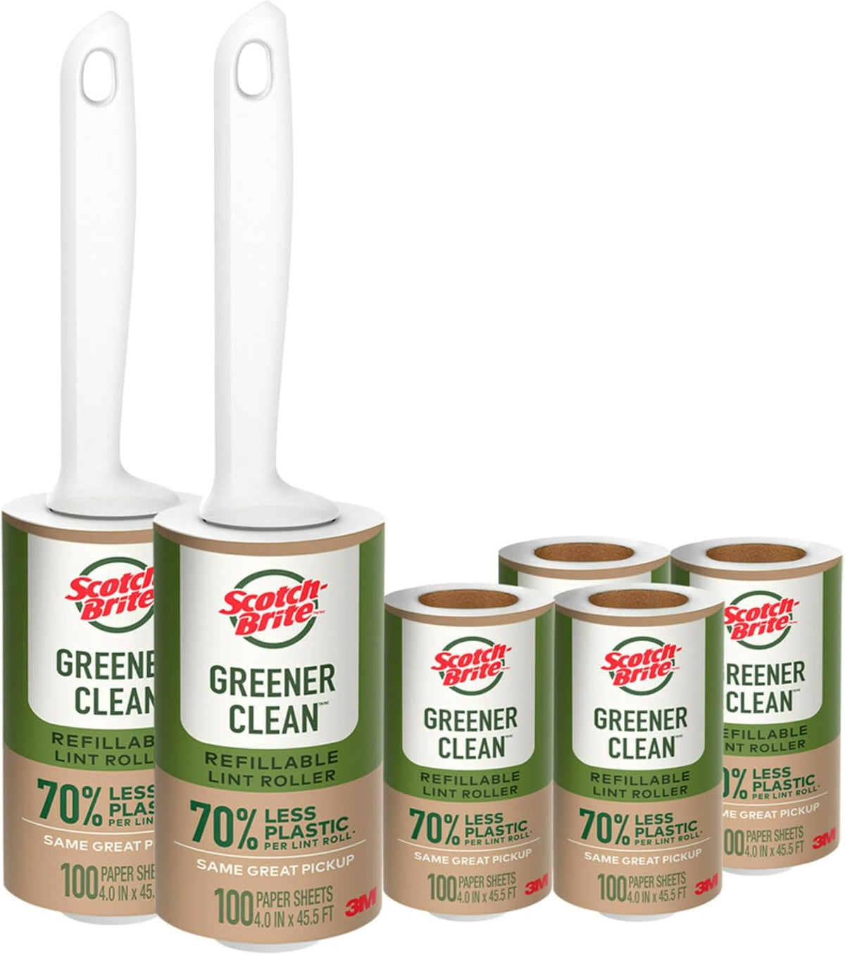Scotch-Brite Greener Clean Lint Roller Kit, 2 Rollers, 4 Refills, 600 Sheets Total