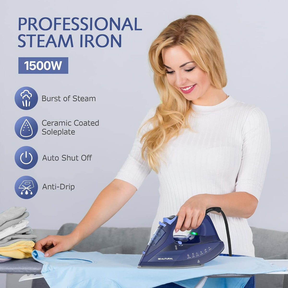 BEAUTURAL Steam Iron for Clothes with Ceramic-Coated Soleplate, 1500 Watts