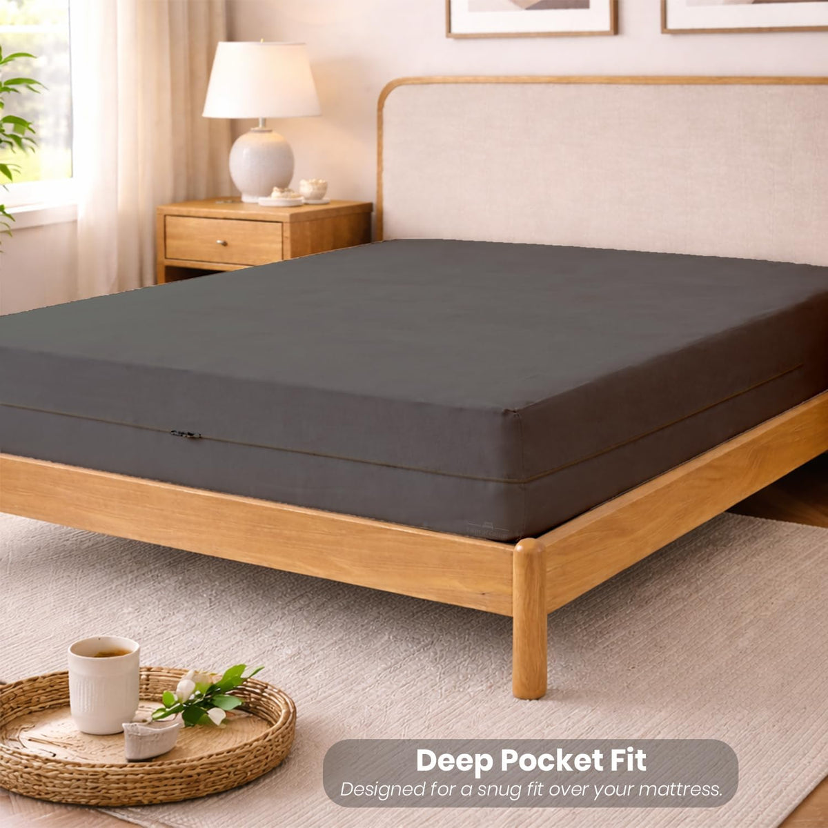 Queen Size Microfiber 1 PC Zipper Fitted Sheet 4 Inch Deep , Dark Grey