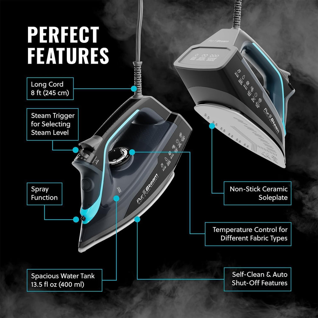 PurSteam SteamBurst+ Steam Iron, Ceramic Soleplate, Self-Clean, Anti Drip