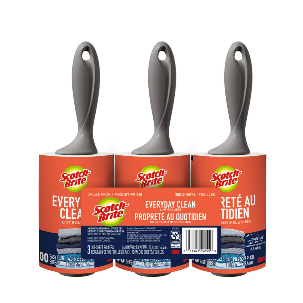 Scotch-Brite Everyday Clean Lint Roller, 300 Sheets Total,3 Pack
