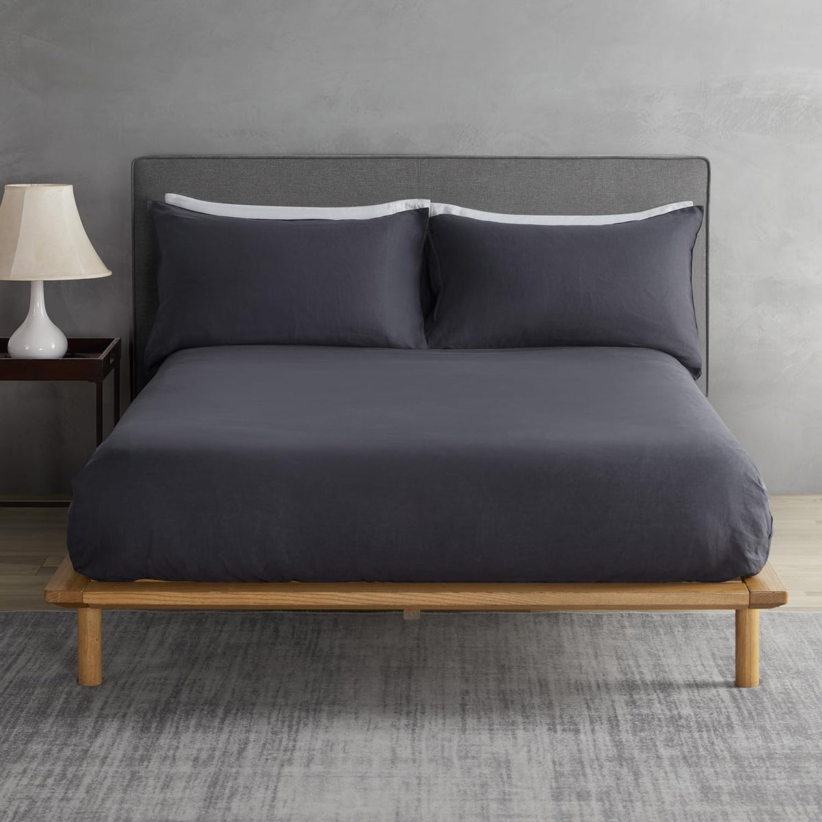DAPU 100% French Linen Fitted Sheet Mattress Cover (1 Piece) with 16 Inch Deep Pocket, Pure Natural French Flax from Normandy, Ultra Soft, Breathable and Durable (Fog Gray, Queen).