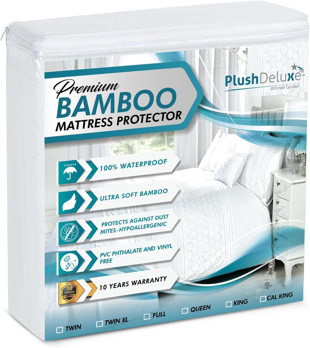 PlushDeluxe Bamboo Waterproof Mattress Protector, King Size, Ultra Soft