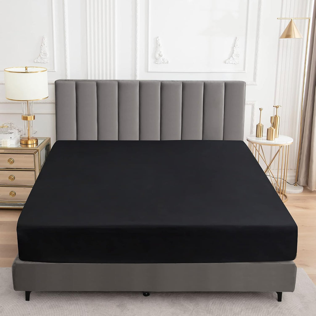 Sufdari Mattress Protector,Waterproof 18" Deep Pocket Mattress Cover Fitted Sheet Style with Elastic Rubber Band,Washable and Easy Care-Black,Queen