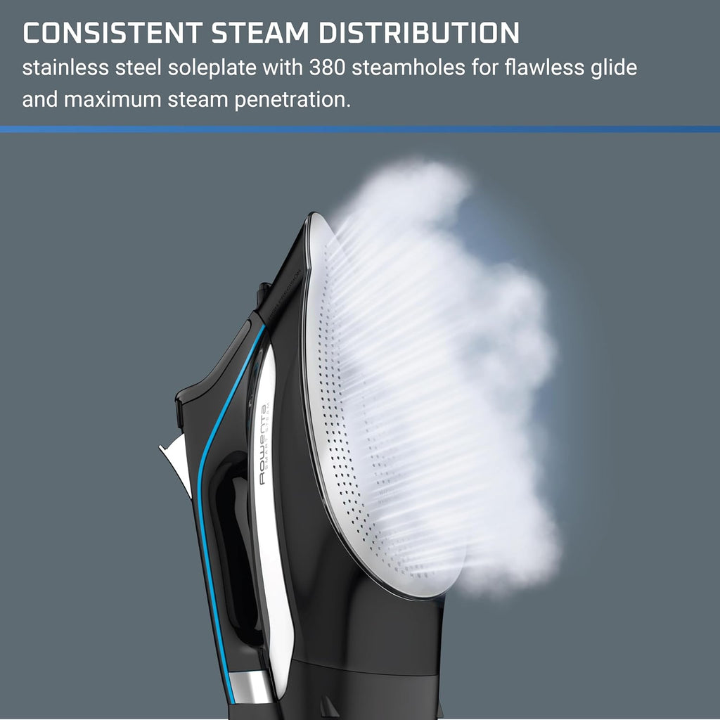 Rowenta, Iron, Smart Temp Stainless Steel Soleplate Steam Iron for Clothes, 380 Microsteam Holes, 1725 Watts Ironing, Auto-Off, Fabric Steamer, Black Clothes Iron, DW3261, Black