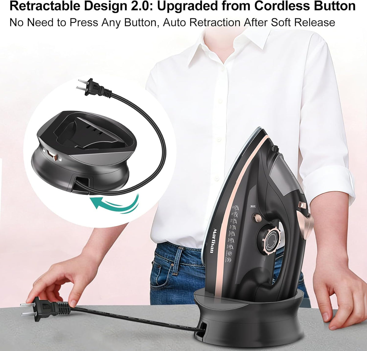 Martisan Cordless Iron for Clothes, 1600W, Wireless, Rapid Heating, Retractable Cord, Power Charging Base, Ceramic Soleplate, Auto-off, Anti-calc, Anti-drip, Self Clean