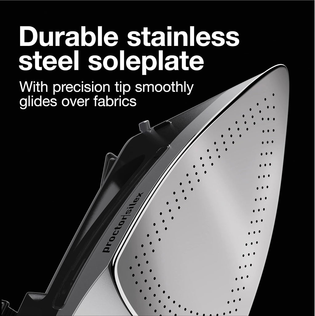 Proctor Silex Steam Iron for Clothes with Durable Stainless Steel Soleplate, 1500 Watts, 8’ Retractable Cord, 3-Way Auto Shutoff, Anti-Drip, Gray and Black (14250)