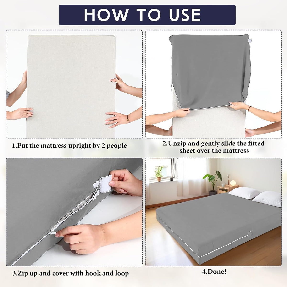 HunnmingRe Zippered Mattress Protector Fitted, Light Gray, Full,12-16in