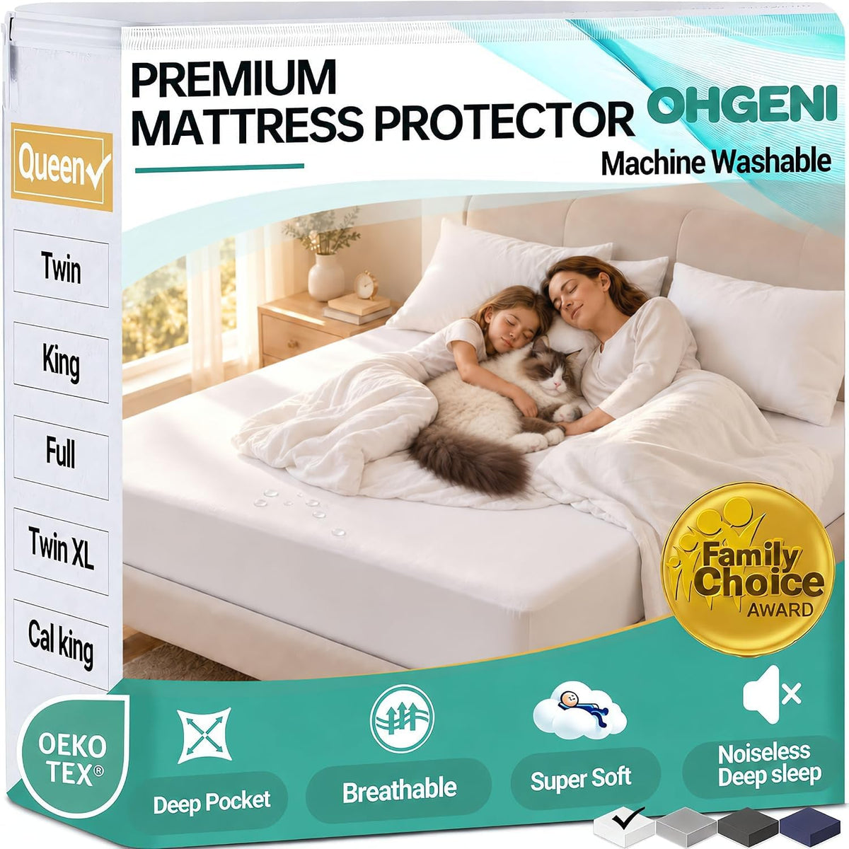OhGeni Waterproof Mattress Protector, Queen Size Mattress Pad Fitted with Deep Pocket 6"-18", Breathable Noiseless & Soft, Washable Dirt-Proof Mattress Cover for Home, Bedroom, White,Daybed Cover