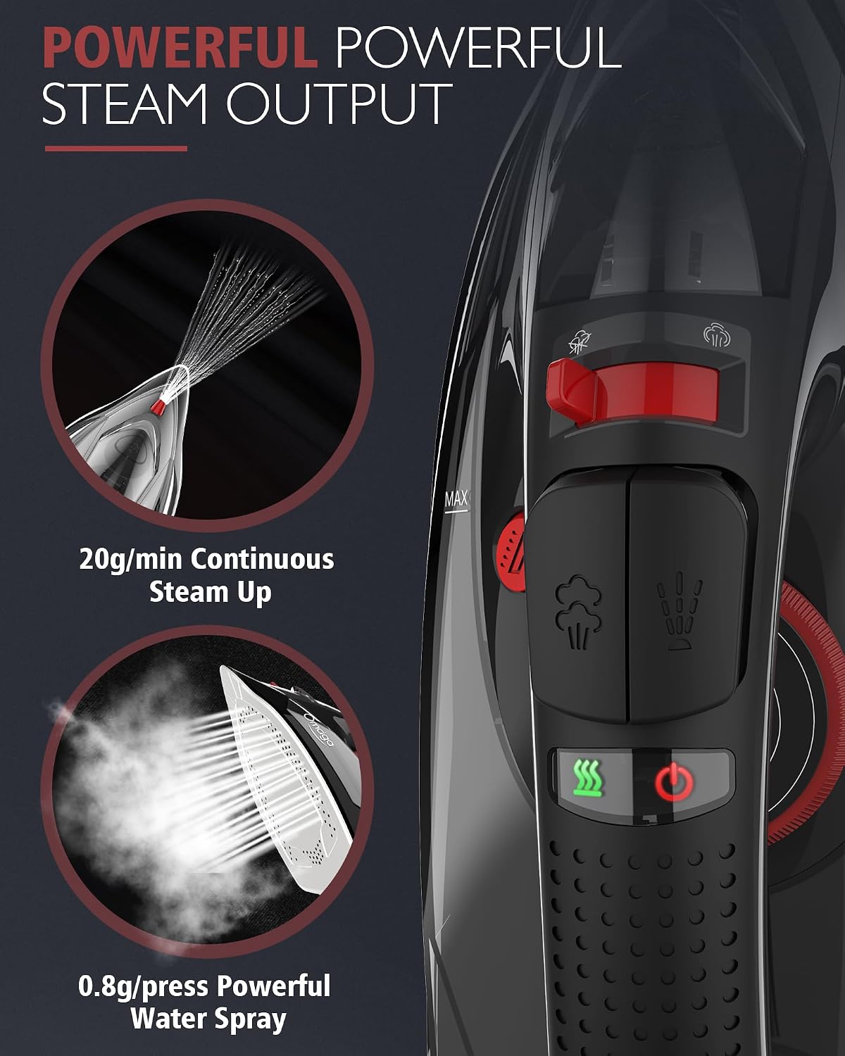 OMAIGA Cordless Iron for Clothes, 1500W Steam Iron Rapid Heating, Ceramic Soleplate, Auto Shut Off, Self-Clean, Anti-Calc, 3 Temperature Settings, 11.84oz Water Tank Ironing Clothes for Home, Black