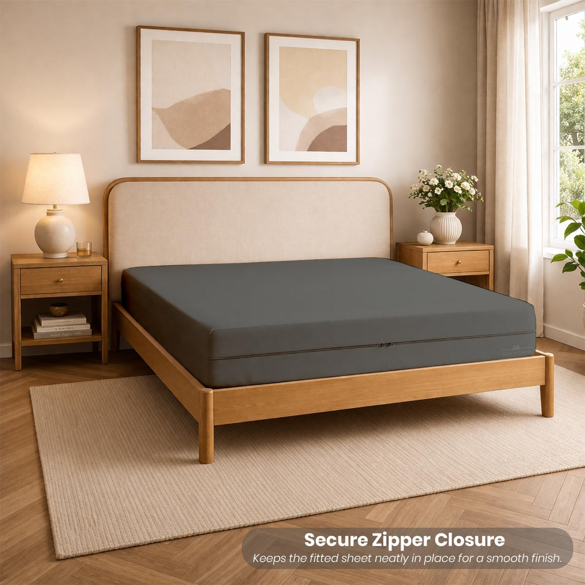 Queen Size Microfiber 1 PC Zipper Fitted Sheet 4 Inch Deep , Dark Grey
