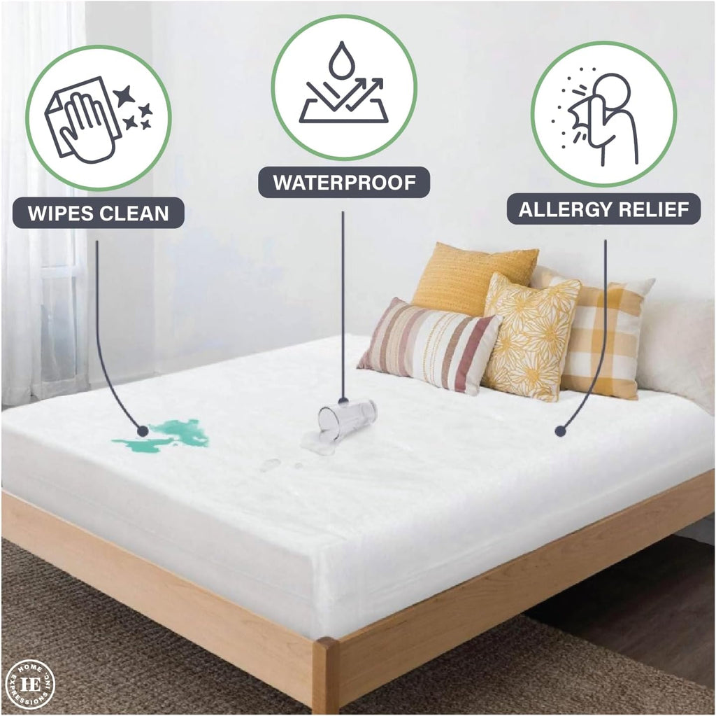 Home Expressions 4Gauge Vinyl Plastic Mattress Protector Fitted Sheet Style Waterproof Mattress Cover Breathable and Spill Protection Fits a Mattress Up to 11.5" Deep (Queen 80" x 60" x 11.5 Deep)