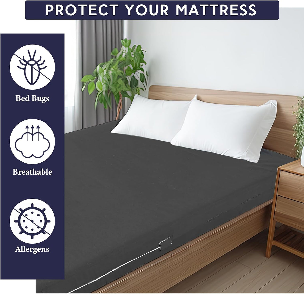 HunnmingRe Zippered Mattress Protector Fitted, Dark Gray, Queen,6-8in