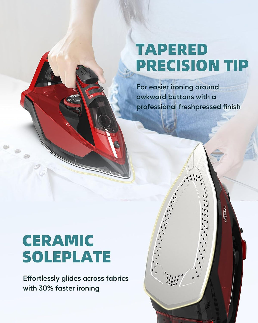 OMAIGA Cordless Steam Iron for Clothes, 1500W, Ceramic Soleplate, Red