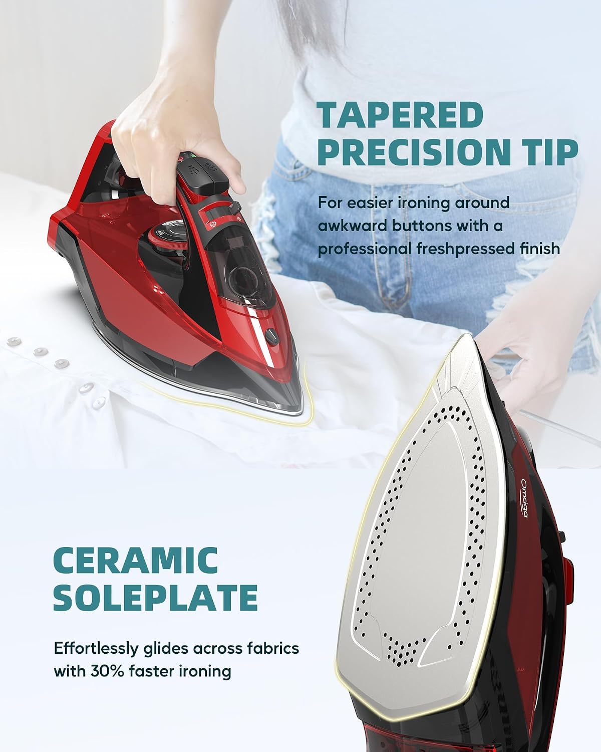 OMAIGA Cordless Steam Iron for Clothes, 1500W, Ceramic Soleplate, Red