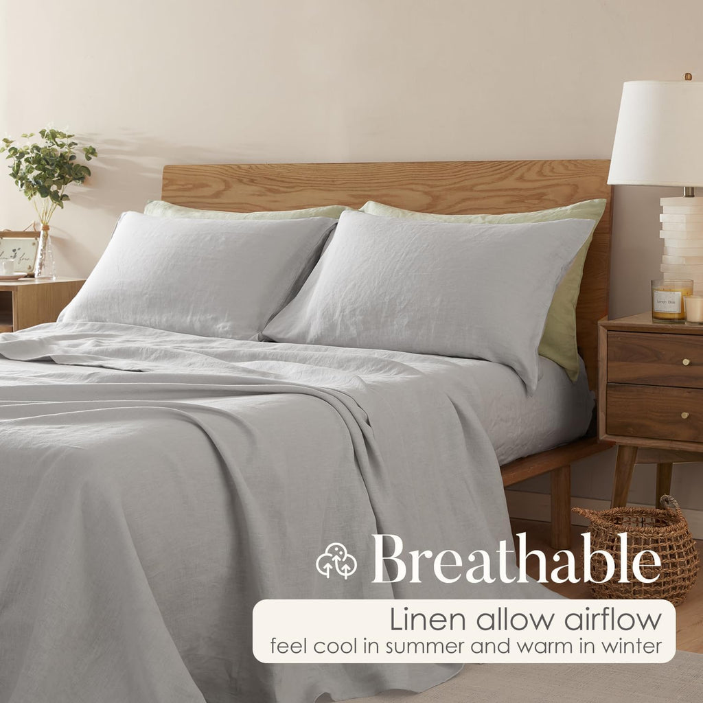 DAPU 100% French Linen Fitted Sheet Mattress Cover (1 Piece) with 16 Inch Deep Pocket, Pure Natural French Flax from Normandy, Ultra Soft, Breathable and Durable (Fog Gray, Queen).