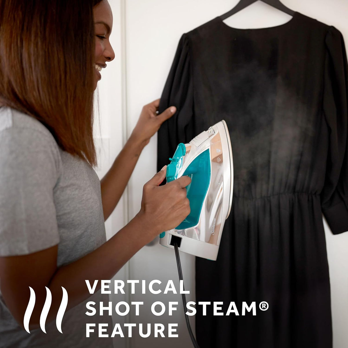 Sunbeam Turbo Steam Iron 1400W Quick Heat Stainless Steel Soleplate Shot of Steam Horizontal and Vertical 3 Way Auto Off 240ml Water Tank White Teal