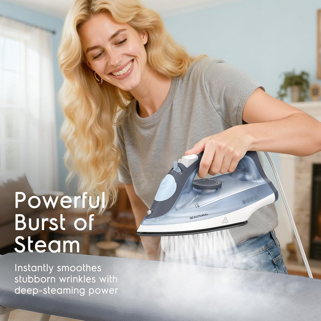 BEAUTURAL Compact Steam Iron for Clothes with Non-Stick Soleplate, Blue