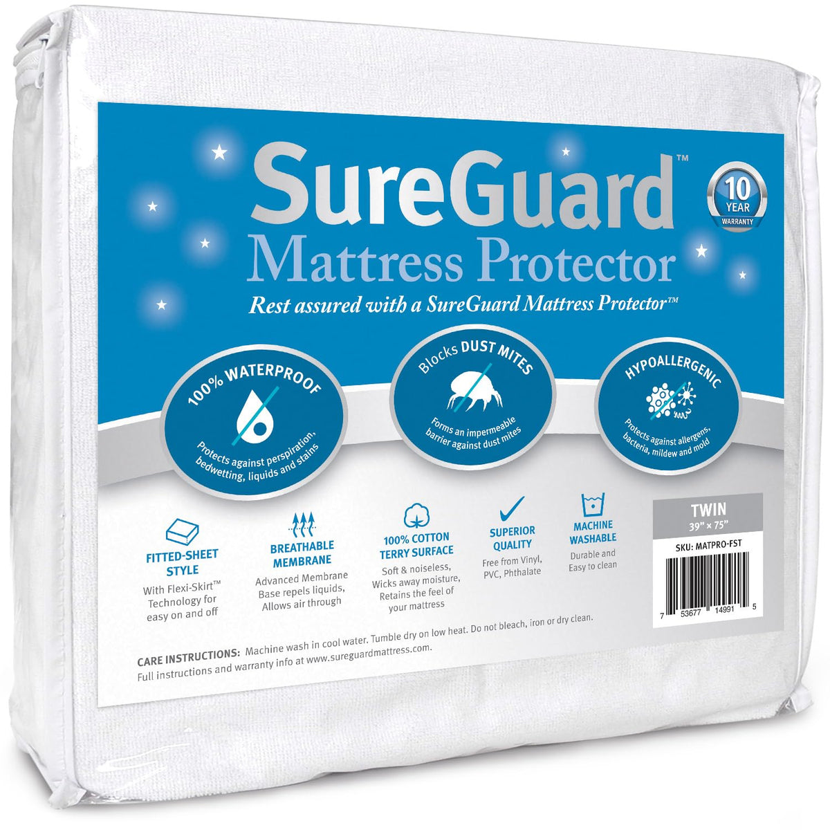 SureGuard Smooth Waterproof Mattress Protector, Twin XL Mattress Cover